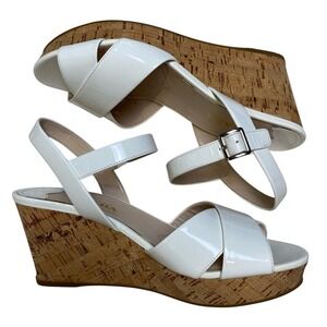 Prada White Patent Leather Criss Cross‎ Ankle Strap Cork Wedge Sandals Size 39